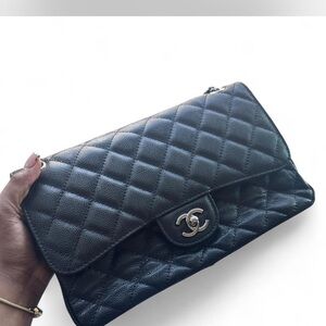 CHANEL Black Quilted Shoulder Bag with Silver CC Turn-Lock